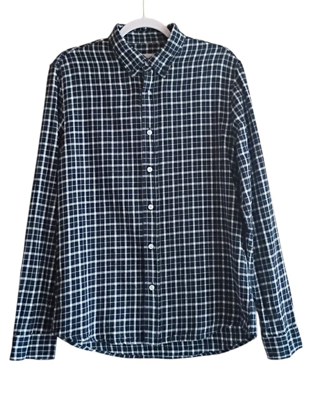 COTTON & CO. Men's Shirt Blue White Plaid Flannel Button Down Long Sleeve MEDIUM